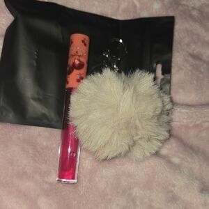 Pink Lip Gloss with Cream Pom Pom Keychain